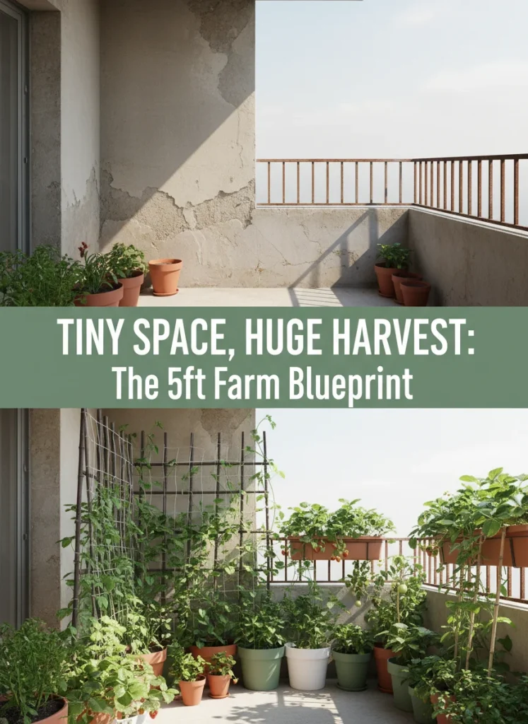 A high-res 1000x1500 vertical Pin image. Composition: A split screen. Top half shows a barren small balcony. Bottom half shows the same balcony transformed into a lush edible jungle with vertical trellis systems. Text Overlay: Bold, white sans-serif font saying "TINY SPACE, HUGE HARVEST: The 5ft Farm Blueprint". Color Palette: Sage Green, Deep Terracotta, and Crisp White. Style: Clean, aspirational, high-contrast before/after aesthetic.