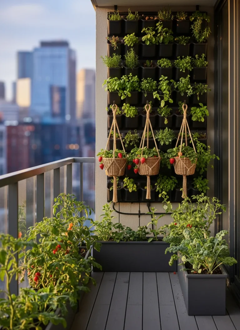 A high-resolution, photorealistic image of a lush, thriving urban balcony garden at golden hour. The space is small (approx. 4x6 feet) but densely packed with vertical wall planters, hanging baskets of strawberries, and sleek modern containers holding cherry tomatoes and kale. The lighting is warm and inviting, highlighting the contrast between the green foliage and a blurred city skyline in the background.