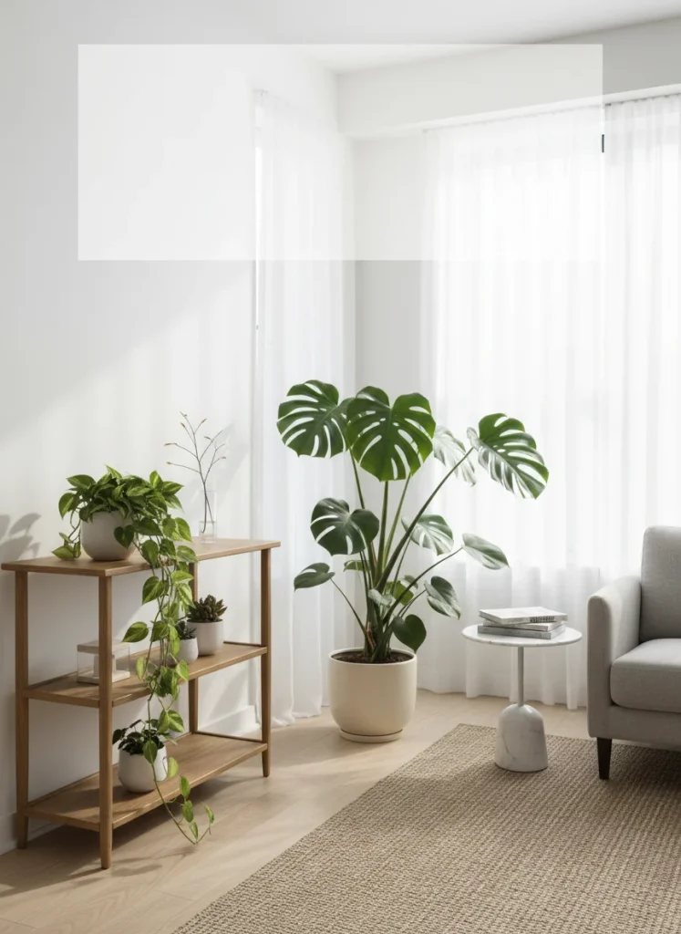 Vertical 2:3 aspect ratio. Editorial interior design shot. A bright, airy apartment corner featuring a towering Monstera and a trailing Pothos on a mid-century modern shelf. Text overlay space at top. Aesthetic: Scandi-Minimalist Greenery. Lighting: Soft, diffused morning sunlight. Visual hierarchy: Lush greens popping against white walls, designed for a 'save for later' scroll stop.