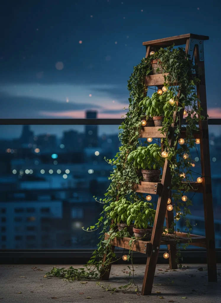 Vertical 2:3 aspect ratio. A high-contrast, editorial-style composition. Text-safe negative space at the top. Aesthetic: Urban Jungle / Industrial Chic. Subject: A tiered wooden ladder shelf on a balcony, overflowing with vibrant hanging ivy and terracotta pots of basil, set against a blurred twilight city skyline. Lighting: Warm string lights weaving through the plants + cool blue ambient city light. Visual hierarchy: Designed for a 1-second 'scroll-stop' impact.