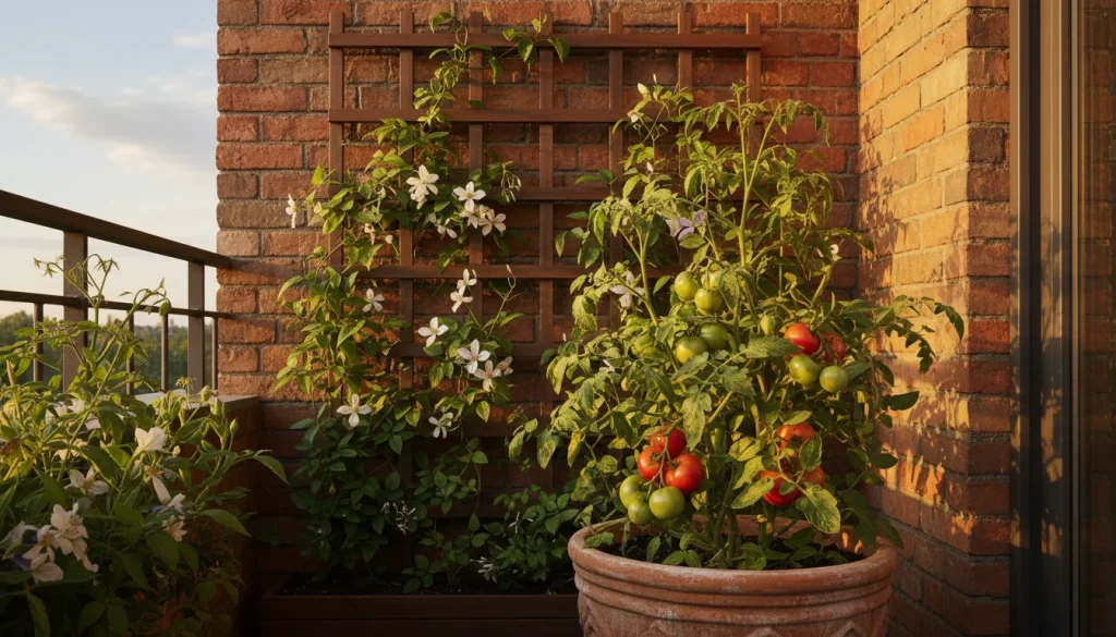 A lush, vibrant balcony garden scene at golden hour. High contrast. Foreground focuses on a thriving tomato plant in a large terracotta pot. Background shows a vertical trellis system against a brick wall. No clutter. Editorial style photography.