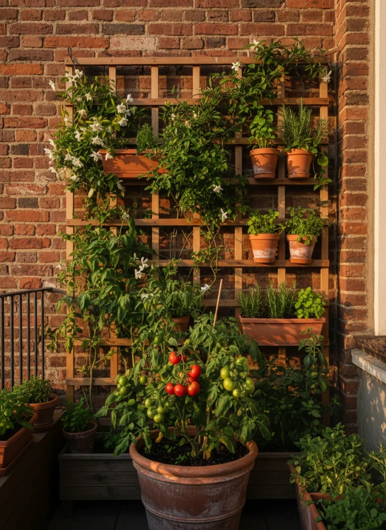 A lush, vibrant balcony garden scene at golden hour. High contrast. Foreground focuses on a thriving tomato plant in a large terracotta pot. Background shows a vertical trellis system against a brick wall. No clutter. Editorial style photography.