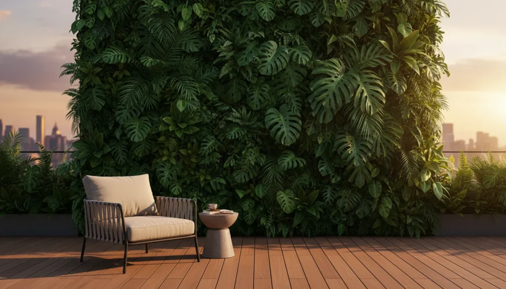  A photorealistic, high-end balcony interior shot. A lush, floor-to-ceiling living wall features dark green tropical plants with varying textures. The setting is a small urban terrace with teak wood flooring and a single modern lounge chair. Golden hour lighting hits the leaves. 2:3 aspect ratio.
