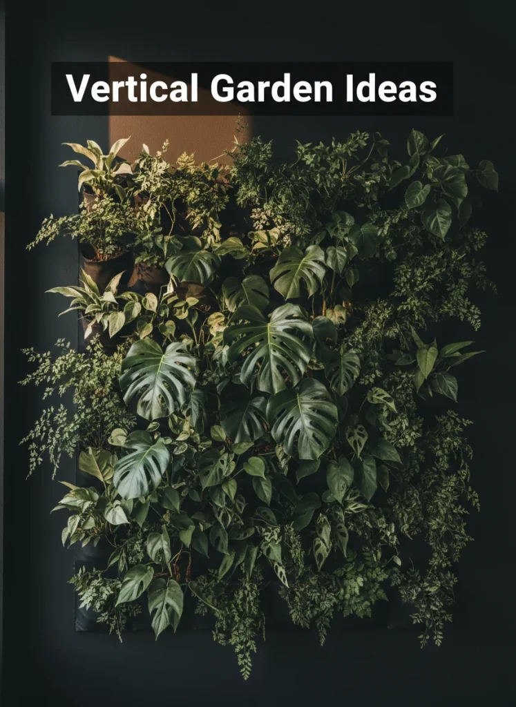  A highly detailed, editorial shot of a matte black wall featuring a lush vertical garden. Text overlay space at top with "Vertical Garden Ideas" visible. Aesthetic: Urban Jungle Luxury. Subject: Vibrant Monstera and Ferns growing from invisible pockets. Lighting: Moody, cinematic afternoon sun. Visual hierarchy: Designed for 1-second scroll-stop impact.
