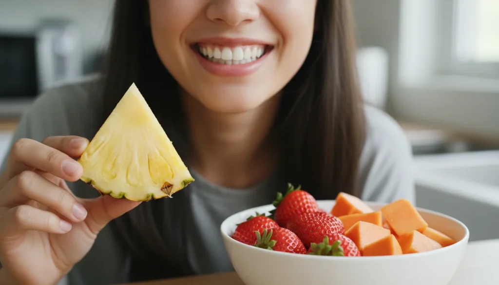 A bright, close-up shot of a smiling person holding a slice of pineapple. The lighting is natural and soft, highlighting healthy, clean teeth without looking artificially edited. The background is a blurred, fresh kitchen setting with a bowl of strawberries and papaya visible.