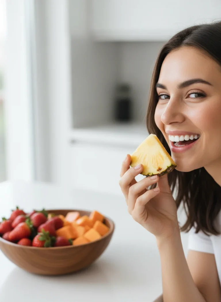A bright, close-up shot of a smiling person holding a slice of pineapple. The lighting is natural and soft, highlighting healthy, clean teeth without looking artificially edited. The background is a blurred, fresh kitchen setting with a bowl of strawberries and papaya visible.