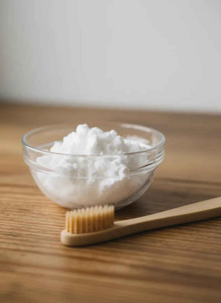  A small glass bowl containing a white paste made of baking soda and water. A bamboo toothbrush rests next to the bowl on a wooden countertop. The focus is sharp on the texture of the paste.