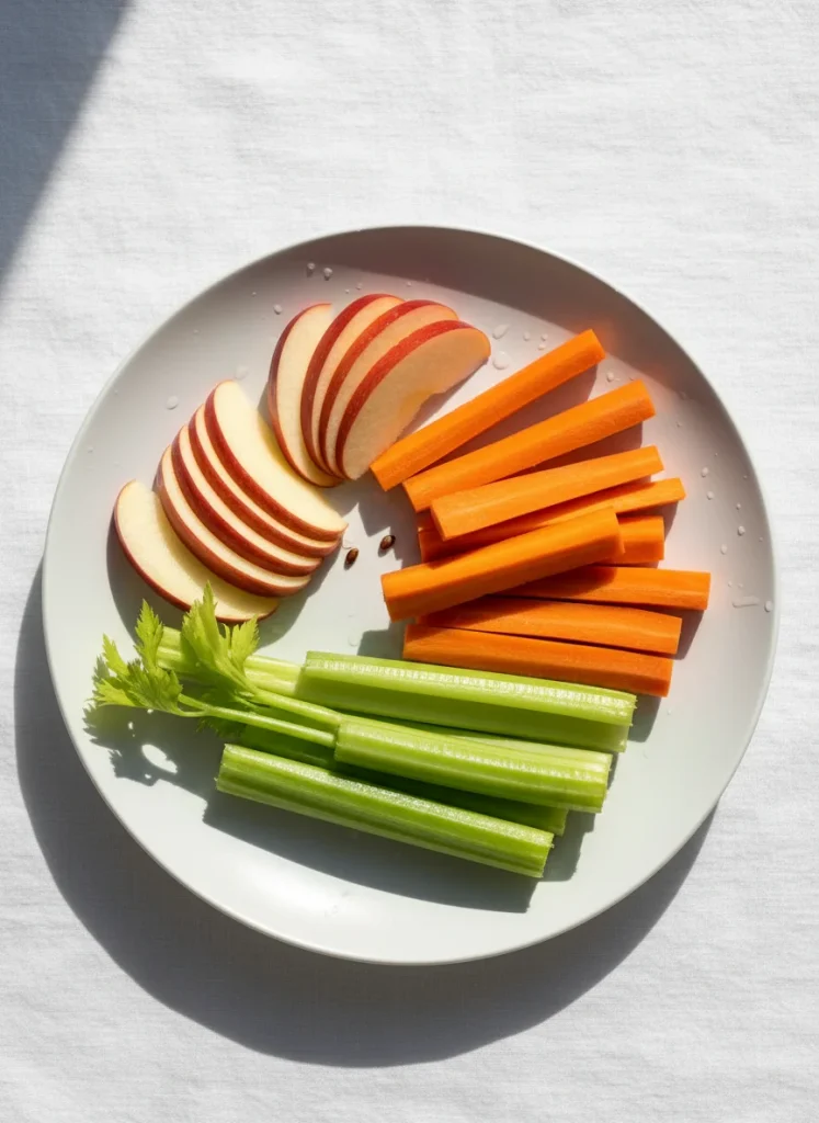 A flat-lay photo of a "teeth healthy" snack plate. It includes sliced red apples, carrot sticks, and celery on a white ceramic plate. The lighting is crisp and bright.