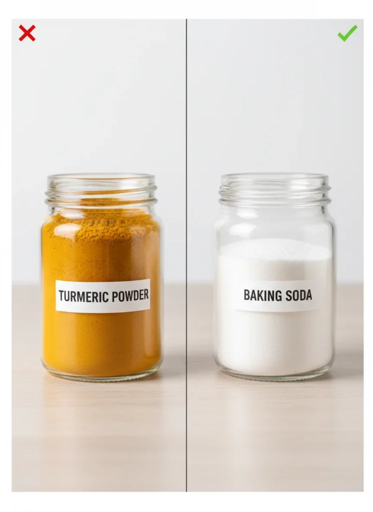  A split comparison graphic. On the left, a jar of golden turmeric powder with a small red "X" in the corner. On the right, a jar of white baking soda with a small green checkmark.