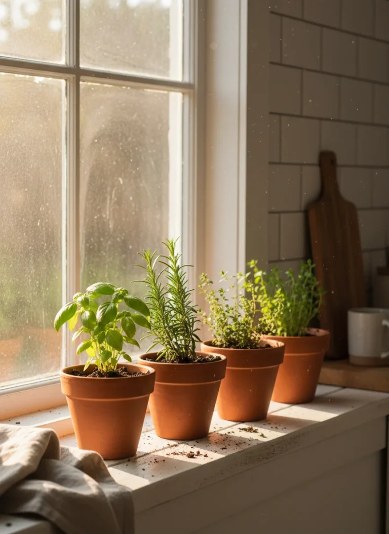 A bright kitchen windowsill with 4 small terra cotta pots growing fresh green herbs in natural sunlight, warm and cozy atmosphere, photorealistic