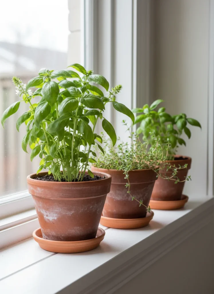 Multiple terra cotta herb pots with saucers lined up on a white kitchen windowsill, basil and thyme growing, natural light, close up, photorealistic