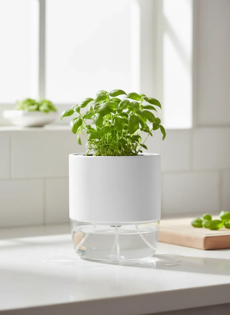 A modern white self-watering herb planter pot on a kitchen counter with a small green herb growing, visible water reservoir at base, clean background, photorealistic