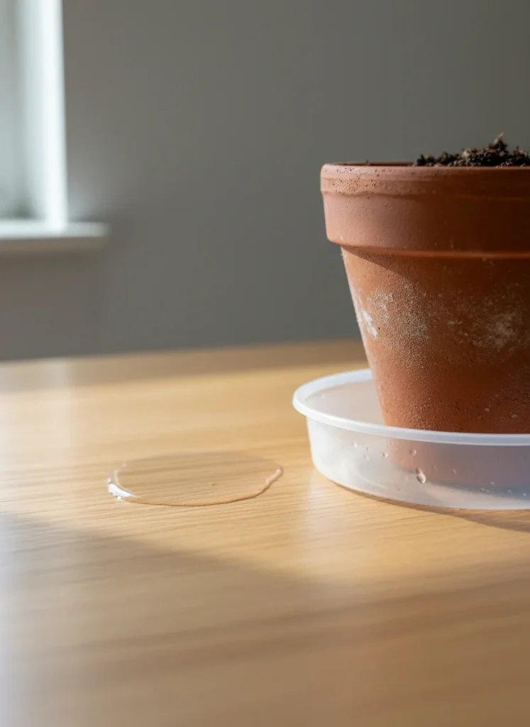 A simple round plastic saucer drainage tray under a terra cotta pot on a wooden surface, water visible in tray, close up, photorealistic