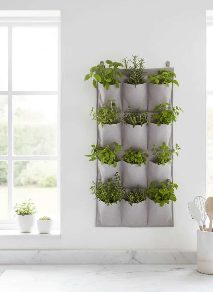 A wall-mounted multi-pocket herb planter on a white kitchen wall near a window, several small green herbs growing in each pocket, photorealistic