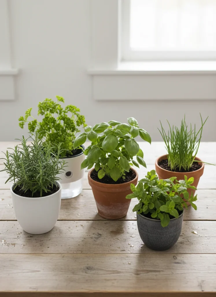 Overhead flat lay of 5 different indoor herb pots on a wooden table, terra cotta, ceramic, and self-watering styles, fresh green herbs growing, bright natural light, photorealistic