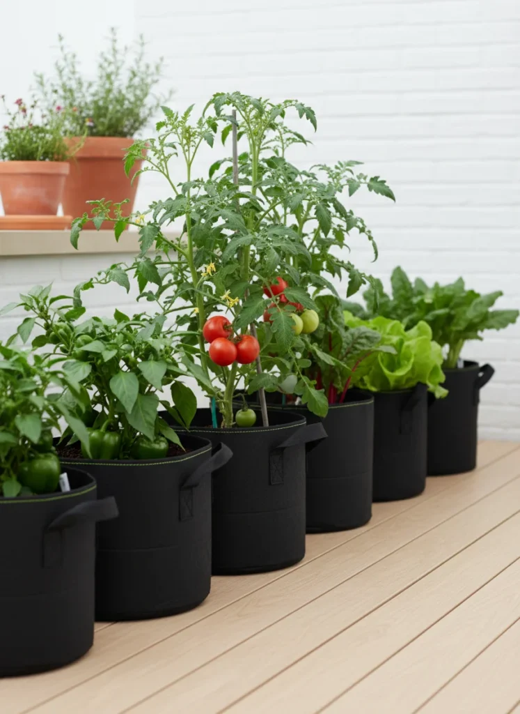 Row of black fabric grow bags with tomatoes peppers and leafy greens growing on a small patio, summer, photorealistic
