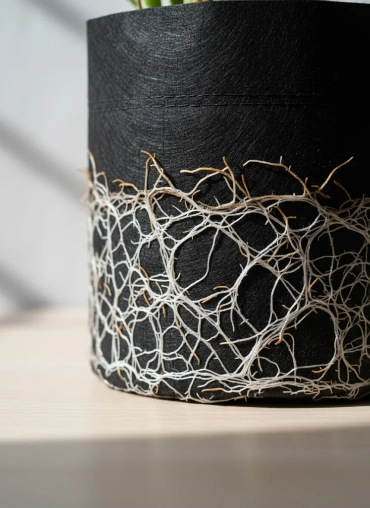 Close up of healthy white plant roots visible through the side of a fabric grow bag, air pruning roots, photorealistic