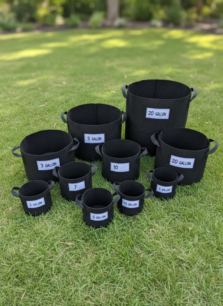 Overhead flat lay of different size fabric grow bags from 3 gallon to 20 gallon laid out on grass with size labels, photorealistic
