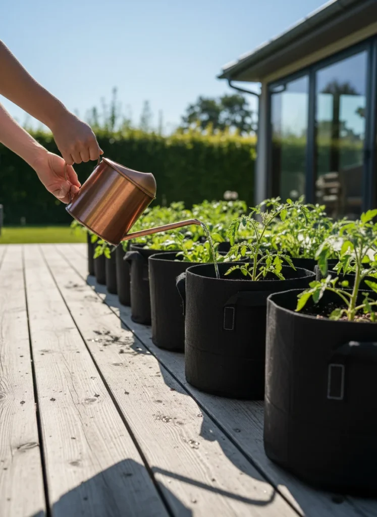 Hands watering vegetables growing in black fabric grow bags on a wooden deck, green plants, bright daylight, photorealistic