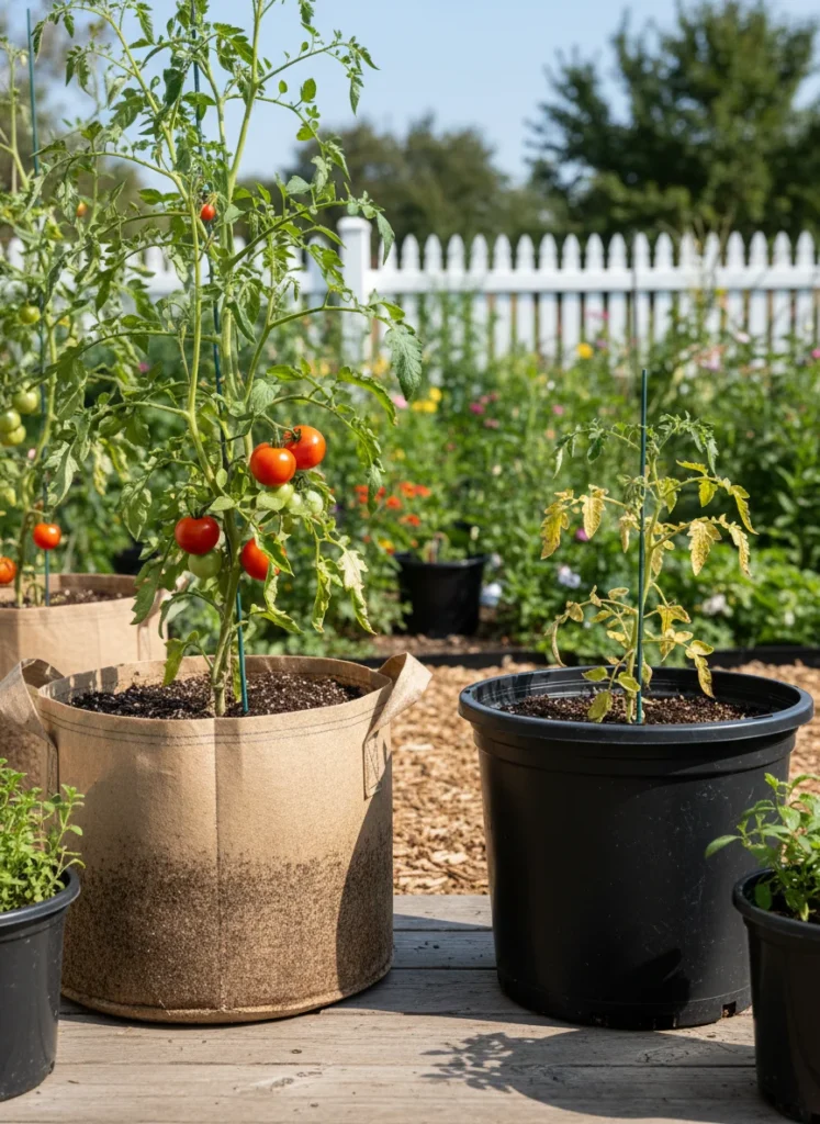 Side by side comparison of fabric grow bag versus plastic pot with vegetable plants growing in both, outdoor garden setting, photorealistic