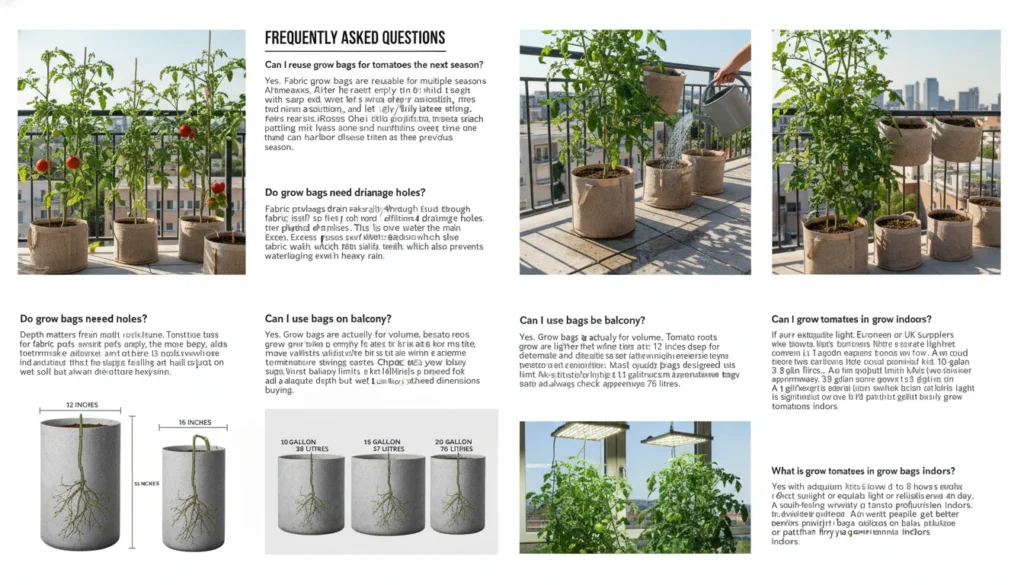 Frequently Asked Questions
Can I reuse grow bags for tomatoes the next season?
Yes. Fabric grow bags are reusable for multiple seasons. After harvest empty the bag completely, wash it with a mild soap and water solution, rinse thoroughly, and let it dry fully before storing. Replace the potting mix each season rather than reusing it. Old potting mix loses structure and nutrients over time and can harbour disease from the previous season.
Do grow bags need drainage holes?
Fabric grow bags drain naturally through the fabric itself so they do not need additional drainage holes. This is one of the main advantages over plastic containers. Excess water passes through the fabric walls which also prevents waterlogging even in heavy rain.
Can I use grow bags on a balcony?
Yes. Grow bags are actually ideal for balconies because they are lighter than ceramic or terracotta pots when empty, easy to move around to chase sunlight, and the fabric sides allow airflow which prevents the extreme temperature swings that solid plastic pots on hot balconies create. Check your balcony weight limits before filling large 20-gallon bags with wet soil as these become significantly heavy.
How deep should a grow bag be for tomatoes?
Depth matters as much as volume. Tomato roots grow down as much as they grow outward. Look for grow bags that are at least 12 inches deep for determinate varieties and 16 inches or more for indeterminate varieties. Most quality grow bags designed for vegetables are built with adequate depth but always check the dimensions before buying.
What is the difference between gallons and litres for grow bags?
If you are shopping from European or UK suppliers who list sizes in litres, the rough conversion is 1 gallon equals approximately 3.8 litres. A 10-gallon bag is approximately 38 litres. A 15-gallon bag is approximately 57 litres. A 20-gallon bag is approximately 76 litres.
Can I grow tomatoes in grow bags indoors?
Yes with adequate light. Tomatoes need a minimum of 6 to 8 hours of direct sunlight or equivalent grow light coverage per day. A south-facing window rarely provides enough light for reliable tomato production indoors. A dedicated grow light setup can work but the investment is significant. Most people get better results growing in bags outdoors on a balcony or patio than trying to grow tomatoes indoors.