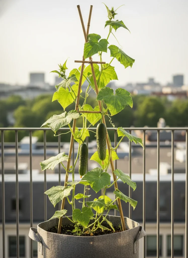 A thriving cucumber plant growing vertically up a bamboo trellis in a large fabric grow bag on a sunny balcony. Green vines climbing upward with two or three cucumbers hanging down, visible city or garden background slightly blurred. Warm summer light. Photorealistic. 1792 x 1024 pixels.