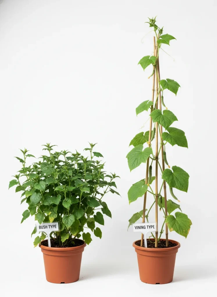 Side by side comparison of a compact bush cucumber plant on the left and a tall vining cucumber plant on the right, both in containers, labeled clearly. Clean white background. Studio lighting. Photorealistic.