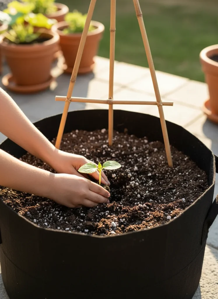 Two hands gently placing a small cucumber seedling into a large dark fabric grow bag filled with rich potting mix. A bamboo trellis is already in place in the container. Warm morning light on a patio or balcony. Photorealistic.