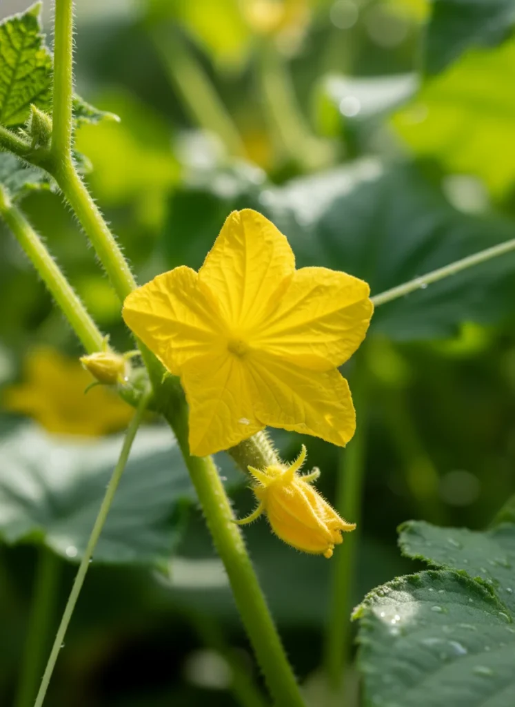 Close up of a cucumber female flower on the vine with the tiny immature cucumber visible at the base. The flower is yellow and fully open. Green leaves in the background. Bright natural sunlight. Macro photography style. Photorealistic.