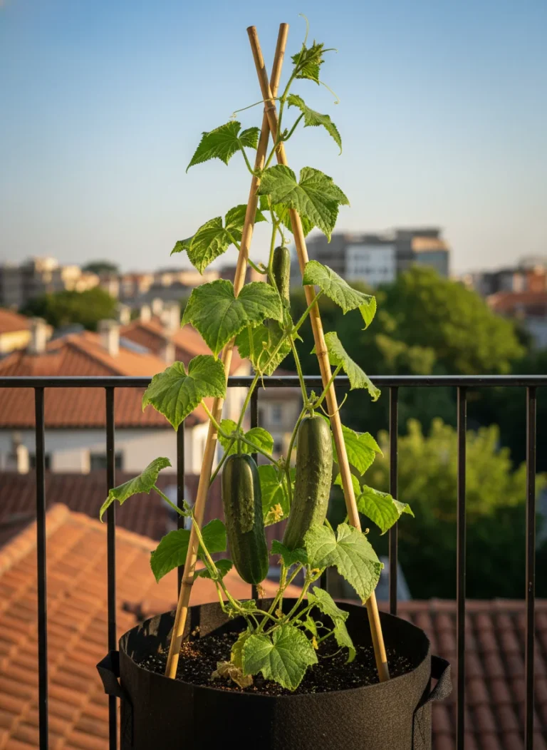 A thriving cucumber plant growing vertically up a bamboo trellis in a large fabric grow bag on a sunny balcony. Green vines climbing upward with two or three cucumbers hanging down, visible city or garden background slightly blurred. Warm summer light. Photorealistic. 1792 x 1024 pixels.