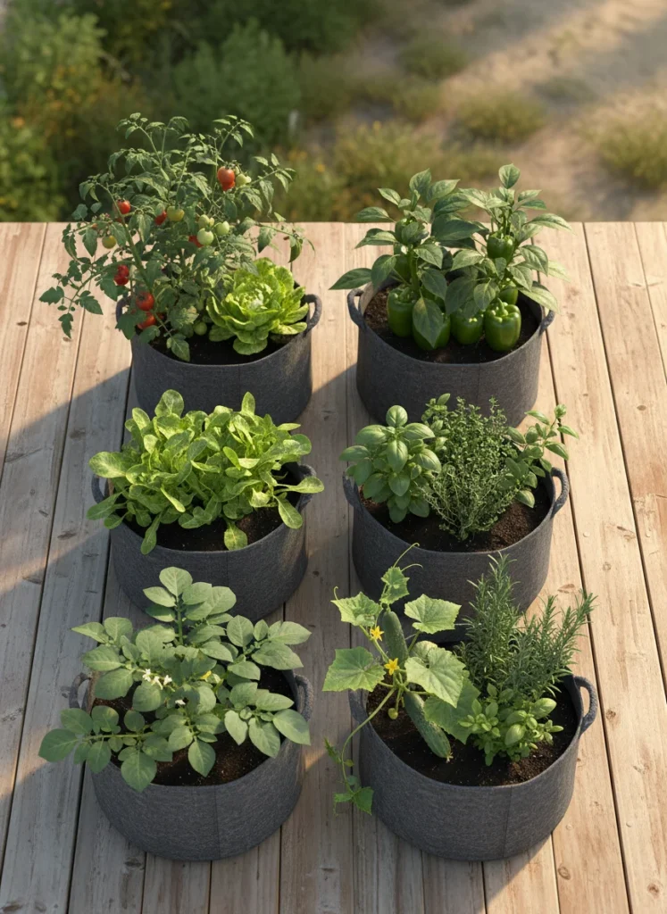Overhead flat lay of six fabric grow bags arranged on a sunny wooden deck, each containing a different thriving vegetable at various growth stages. Tomatoes, lettuce, peppers, potatoes, cucumbers, and herbs visible. Warm golden summer light. Lush and abundant feel. Photorealistic. 1792 x 1024 pixels.