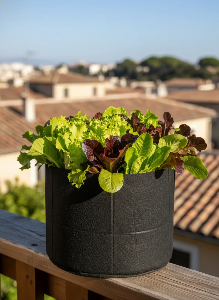 A 5-gallon dark fabric grow bag filled with lush, mixed salad greens and lettuce leaves in varying shades of green and red, on a sunny balcony railing. Close up. Natural morning light. Photorealistic.