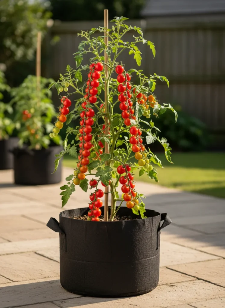 A large 15-gallon black fabric grow bag on a sunny patio with a tall cherry tomato plant covered in clusters of ripe red cherry tomatoes. A bamboo stake provides support. Warm afternoon summer light. Photorealistic.