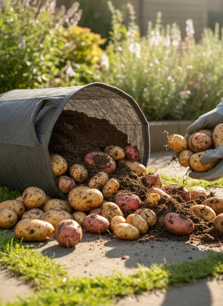 A large fabric grow bag tipped sideways on grass or patio with dozens of fresh potatoes spilling out onto the ground, soil visible. Hands visible in frame picking up potatoes. Natural daylight. Photorealistic harvest scene.