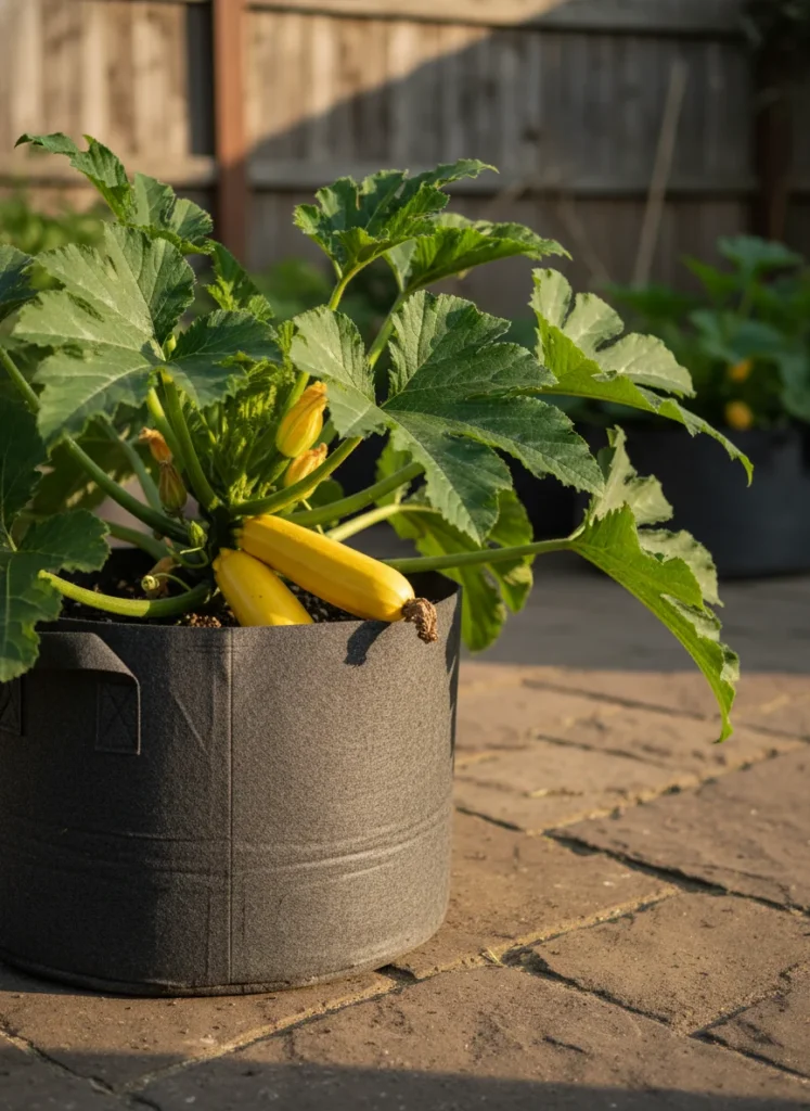 A large 20-gallon dark fabric grow bag on a sunny patio with a large zucchini plant, wide dark green leaves visible, and two bright yellow zucchini fruits visible among the foliage. Warm afternoon light. Photorealistic.