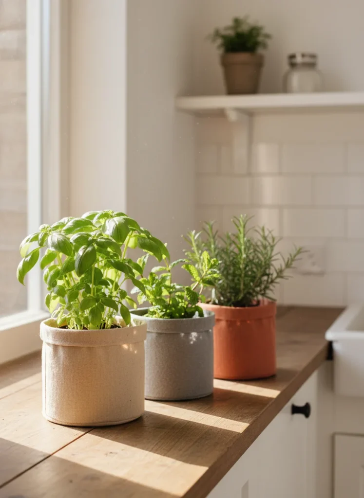 Three small fabric grow bags on a kitchen windowsill or small balcony table, each containing a different thriving herb. Basil, mint, and rosemary visible. Warm morning light. Clean kitchen or outdoor background. Photorealistic.