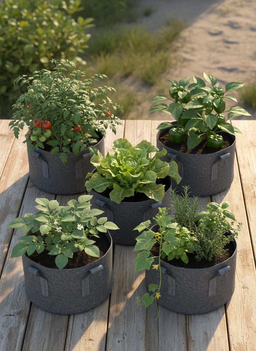 Overhead flat lay of six fabric grow bags arranged on a sunny wooden deck, each containing a different thriving vegetable at various growth stages. Tomatoes, lettuce, peppers, potatoes, cucumbers, and herbs visible. Warm golden summer light. Lush and abundant feel. Photorealistic. 1792 x 1024 pixels.