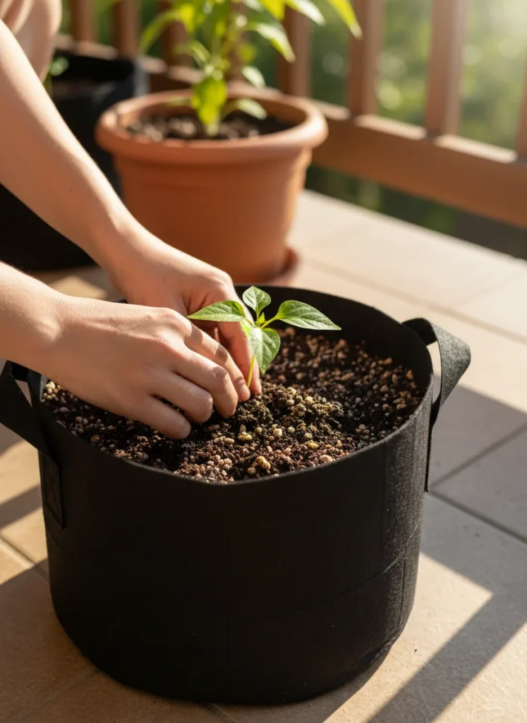Hands carefully placing a young pepper seedling into a large dark fabric grow bag filled with rich potting mix on a sunny patio. The seedling is being planted at the same depth as its nursery pot. Warm morning light. Photorealistic.