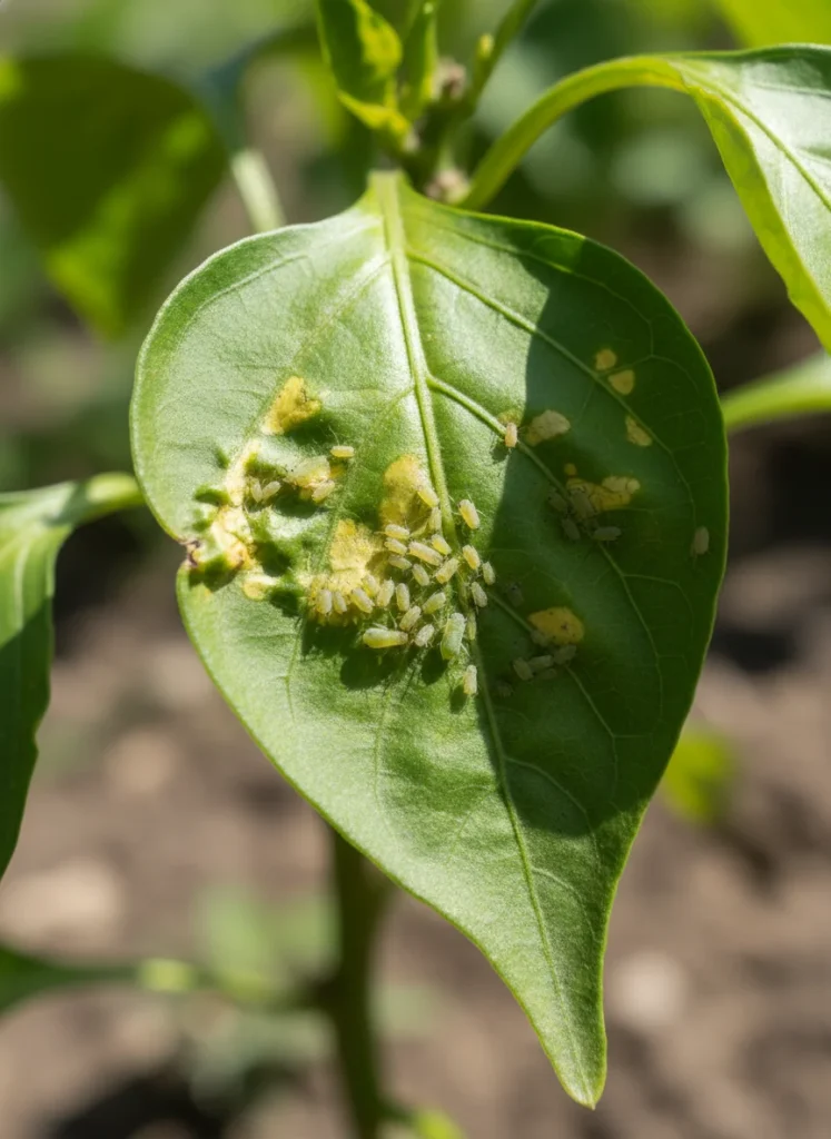 Close up of a pepper plant leaf showing aphid damage with small light-colored insects visible on the underside of the leaf. Clear macro detail. Natural outdoor light. Photorealistic.
