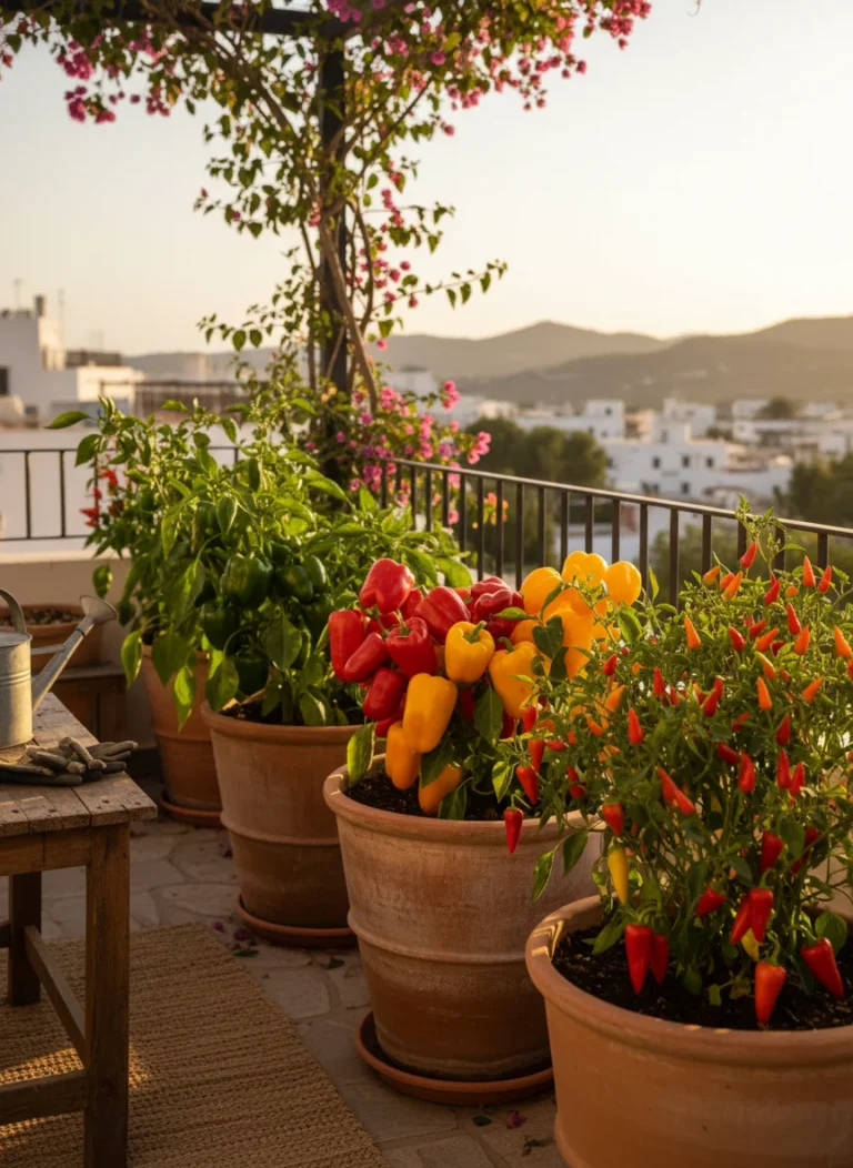 A sunny balcony or patio with three large containers of pepper plants at different stages. One with green bell peppers forming, one with bright red and yellow sweet peppers, one with small hot chilli peppers. Warm golden afternoon light. Lush and productive feel. Photorealistic. 1792 x 1024 pixels.