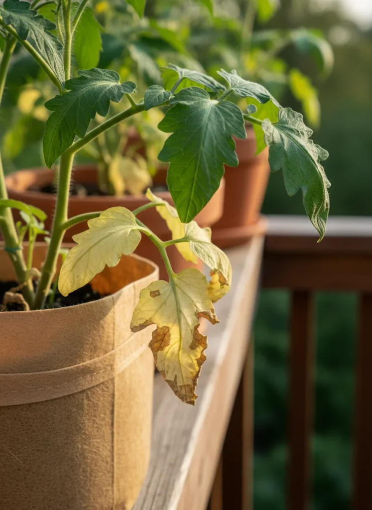 Close up of a tomato plant in a fabric grow bag showing leaves at different stages. Some healthy deep green leaves, some lower leaves turning pale yellow, one leaf with brown spots. Bright natural outdoor light on a balcony or patio. Clear diagnostic feel. Photorealistic. 1792 x 1024 pixels.