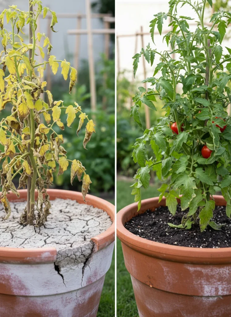 Side by side comparison of two identical tomato plants in containers. Left plant is wilting with yellow leaves from underwatering, dry soil visible pulling from container edges. Right plant is healthy and green with moist dark soil. Clear contrast. Outdoor natural light. Photorealistic.]
