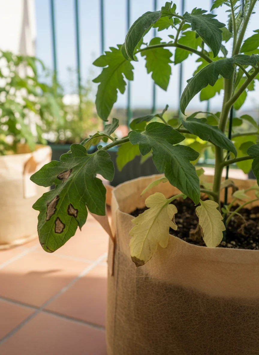 Close up of a tomato plant in a fabric grow bag showing leaves at different stages. Some healthy deep green leaves, some lower leaves turning pale yellow, one leaf with brown spots. Bright natural outdoor light on a balcony or patio. Clear diagnostic feel. Photorealistic. 1792 x 1024 pixels.