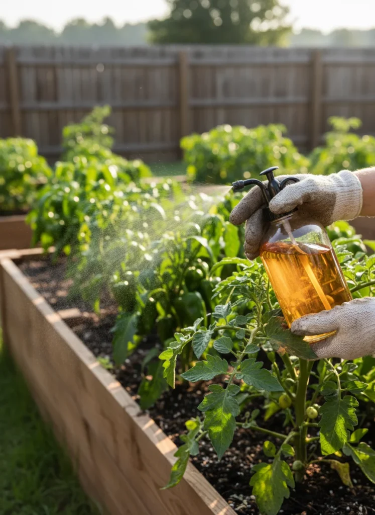 A realistic, high-quality photograph of a gardener wearing gloves, carefully spraying an organic pesticide solution on lush vegetable plants in a raised bed garden. Morning light casting soft shadows across healthy tomato and pepper plants, with a glass spray bottle filled with neem oil solution visible in the foreground. Natural lighting, detailed leaf textures, professional gardening blog style.