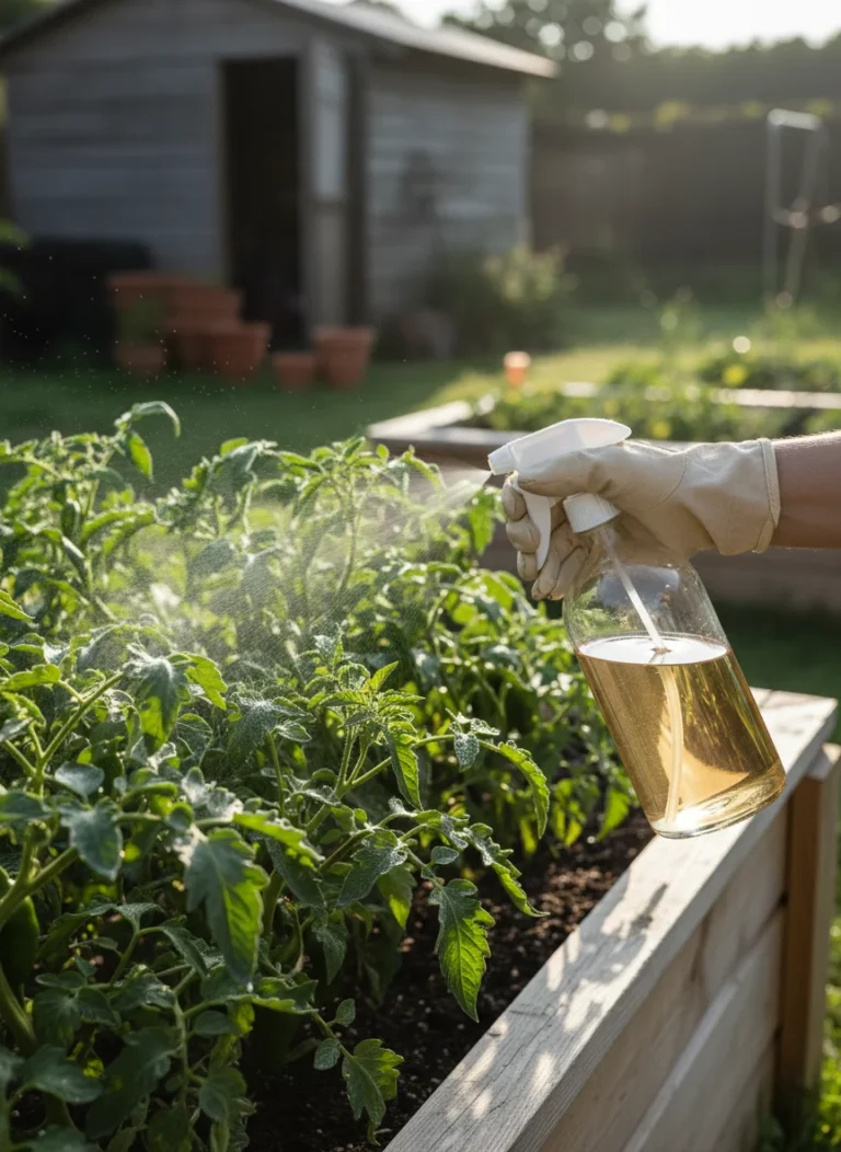 A realistic, high-quality photograph of a gardener wearing gloves, carefully spraying an organic pesticide solution on lush vegetable plants in a raised bed garden. Morning light casting soft shadows across healthy tomato and pepper plants, with a glass spray bottle filled with neem oil solution visible in the foreground. Natural lighting, detailed leaf textures, professional gardening blog style.
