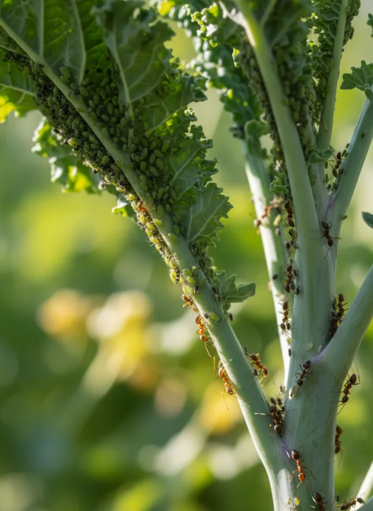 A close-up photo of aphid colonies clustered on the underside of a kale leaf, with ant trails visible on the stem, shot in natural outdoor light with a shallow depth of field.