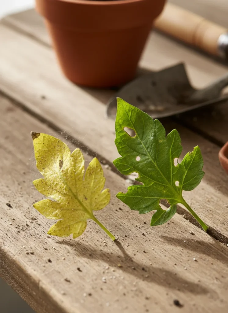 A clear photo showing yellowing, stippled tomato leaves with tiny spider mite webbing visible under the leaf, next to a leaf with clean caterpillar bite marks along the edges, laid on a wooden potting bench for comparison.