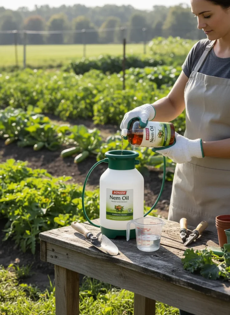 A clear product use scenario showing a gardener diluting Bonide Neem Oil concentrate in a pump sprayer on a garden potting bench, with vegetable beds visible in the background on a bright morning.