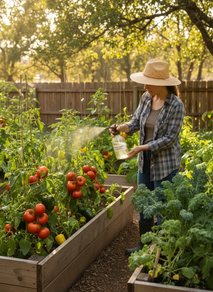 A realistic, high-quality photograph of a home gardener carefully applying an organic insecticide spray to raised vegetable beds filled with tomatoes, peppers, and kale. Morning light, glass spray bottle with neem oil solution visible, lush green foliage in the background. Professional gardening blog style with natural textures and warm tones.