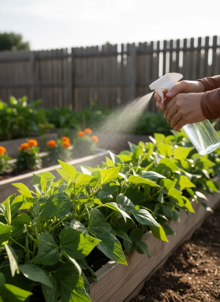 A gardener spraying insecticidal soap directly onto the underside of bean plant leaves to target aphid colonies, photographed in a raised bed vegetable garden in soft morning light. Visible spray mist, healthy green leaves surrounding the affected plant.